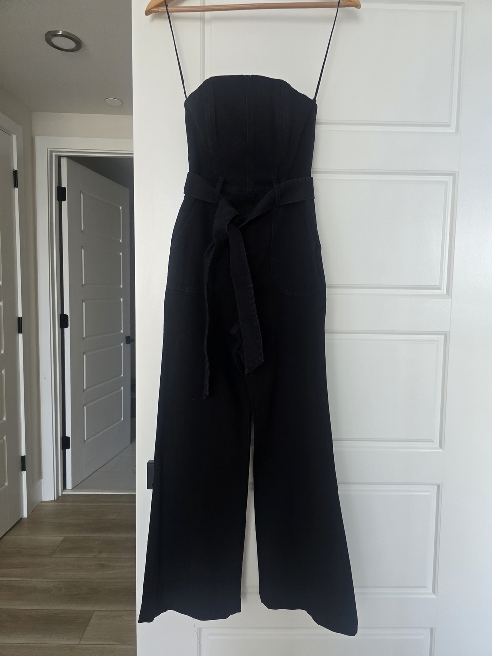 Alice + Olivia Black Strapless Wide-Leg Jumpsuit with Tie Belt